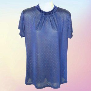 SHANNON FORD NY Navy Blue Slinky Blouse Silver Microdots